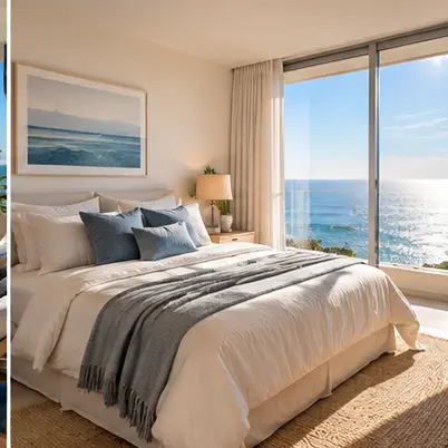 Dormitorio principal con ventanal hacia el mar