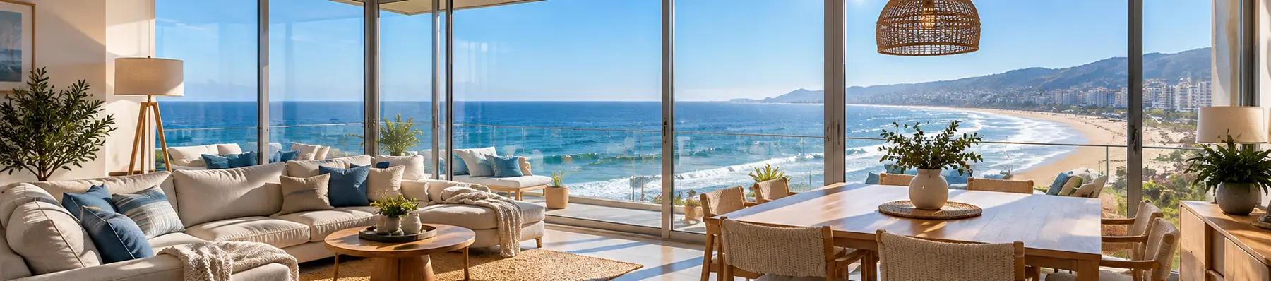 Comedor luminoso con ventanales de piso a techo y vista al mar